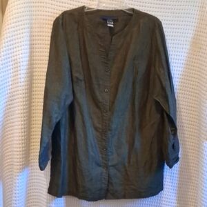 Venezia Golden Greenish-Black Linen-Cotton Blend Shirt Sz-20